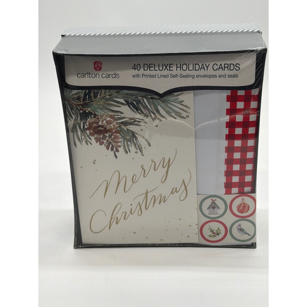 Carlton Cards 40 Deluxe Holiday Christmas Cards Pine Cone Gingham Envelopes NWT